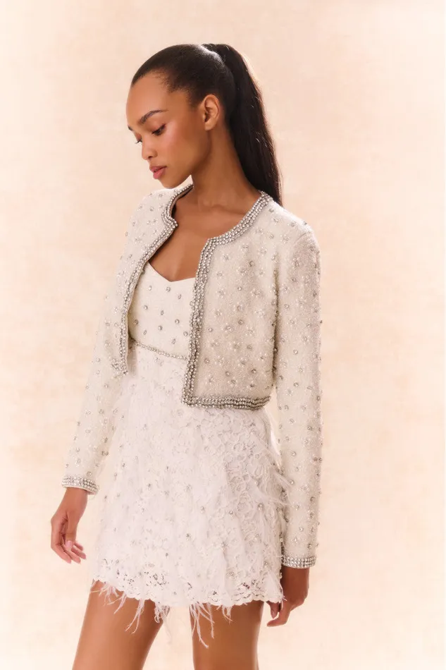 Women Jackets and Coats LoveShackFancy Cosmos Beaded Cropped Jacket Cream