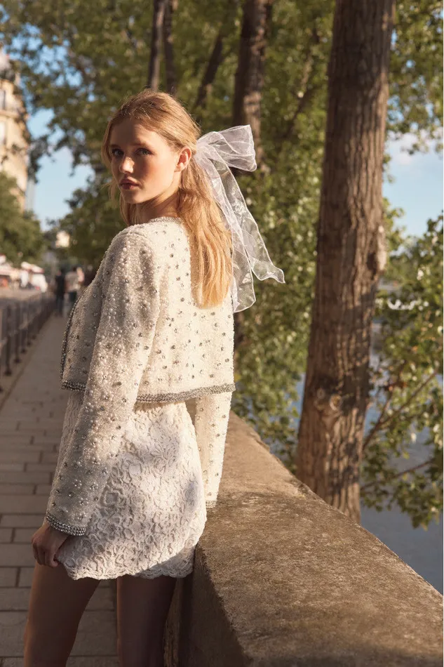 Women Jackets and Coats LoveShackFancy Cosmos Beaded Cropped Jacket Cream
