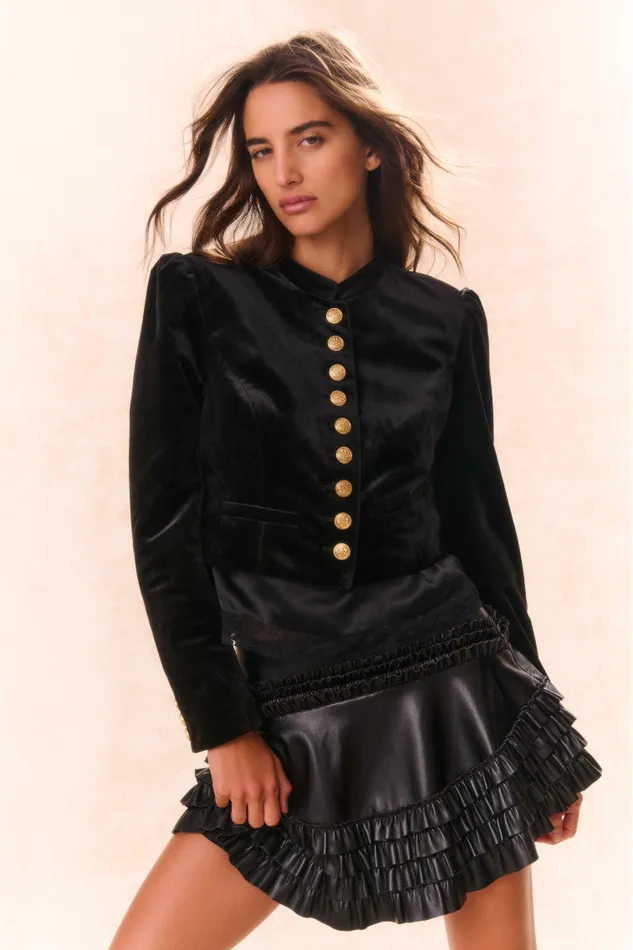 Women Jackets and Coats LoveShackFancy Pendine Velvet Military Jacket Black