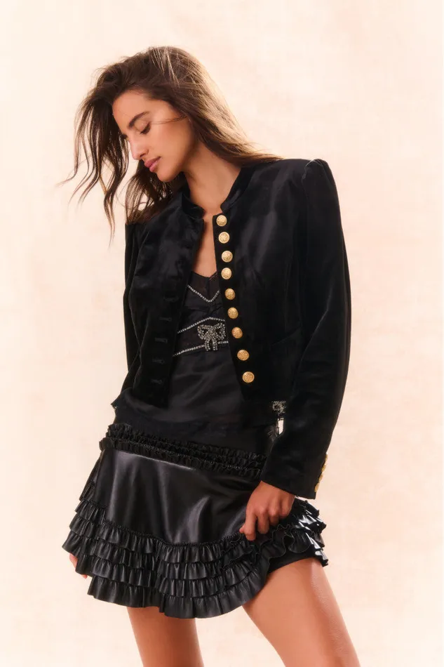 Women Jackets and Coats LoveShackFancy Pendine Velvet Military Jacket Black