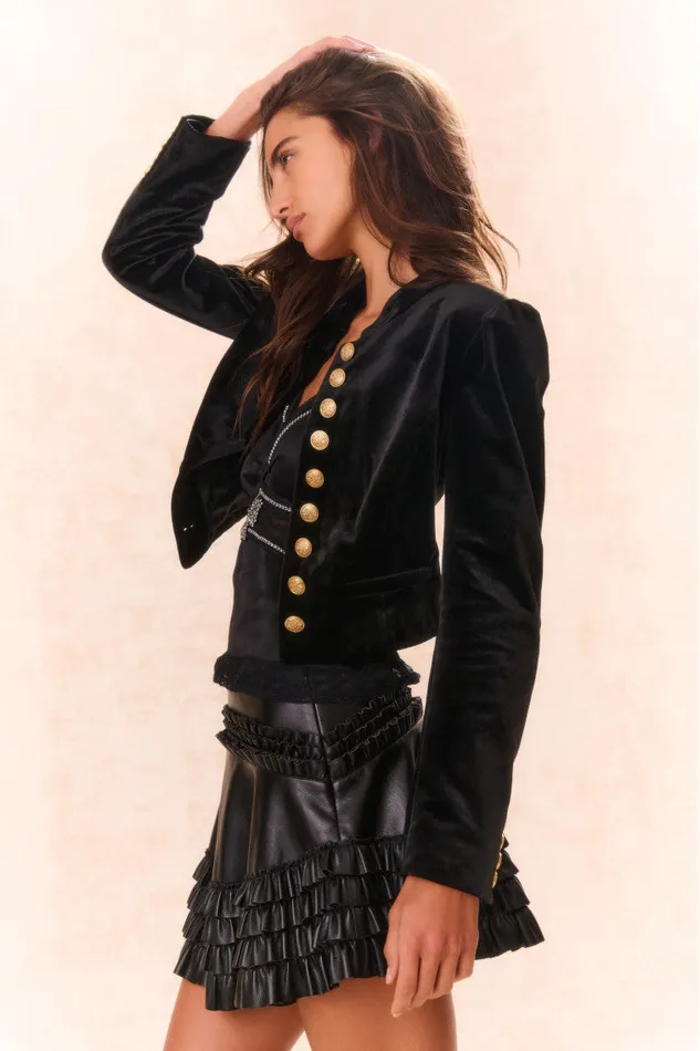 Women Jackets and Coats LoveShackFancy Pendine Velvet Military Jacket Black
