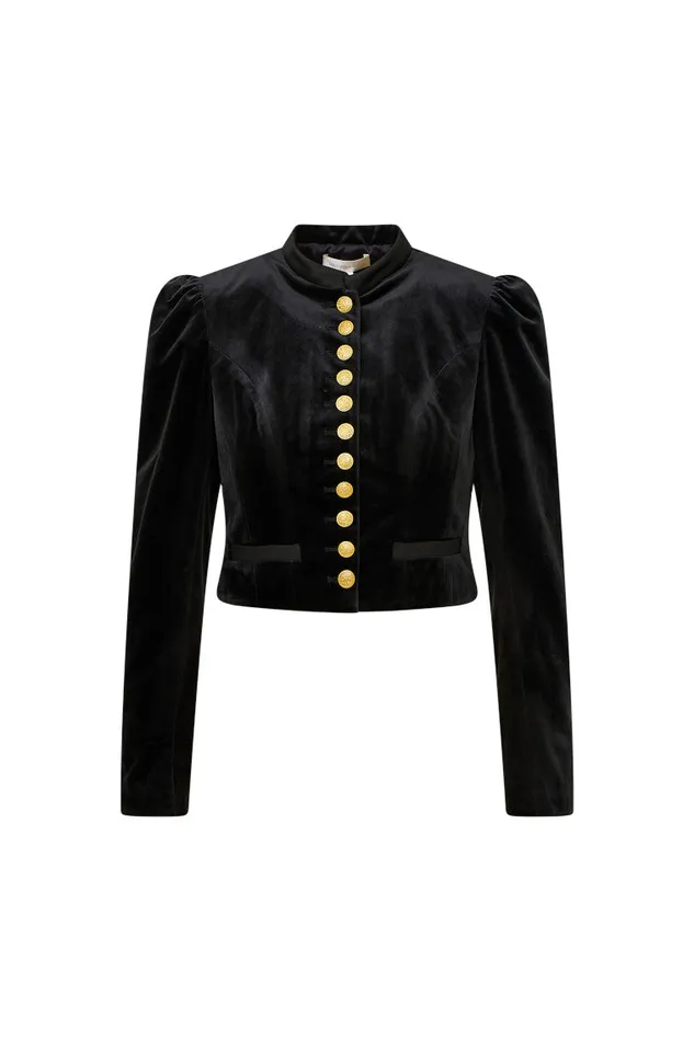Women Jackets and Coats LoveShackFancy Pendine Velvet Military Jacket Black