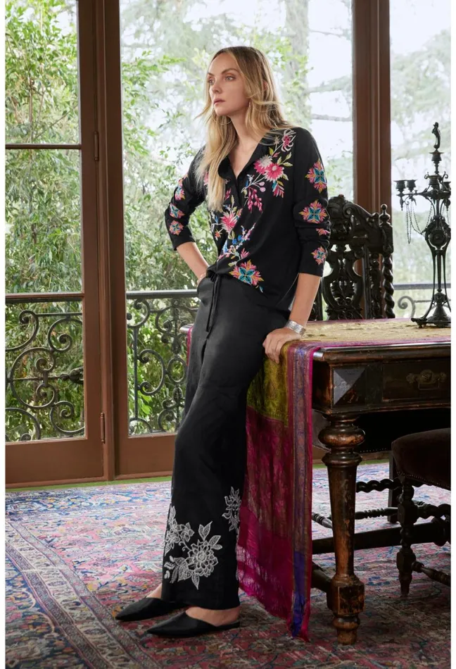 Women Johnny Was Bottoms Addison Drawstring Wide Leg Pant Black