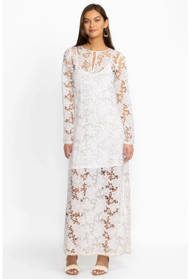 Women Johnny Was Dresses Floral Garden Lace Maxi Dress White