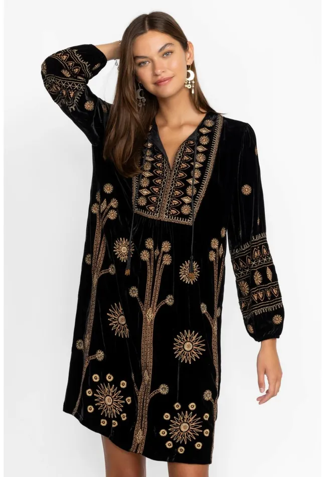 Women Johnny Was Dresses Heidi Velvet Yoke Dress Black