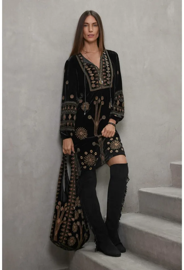 Women Johnny Was Dresses Heidi Velvet Yoke Dress Black