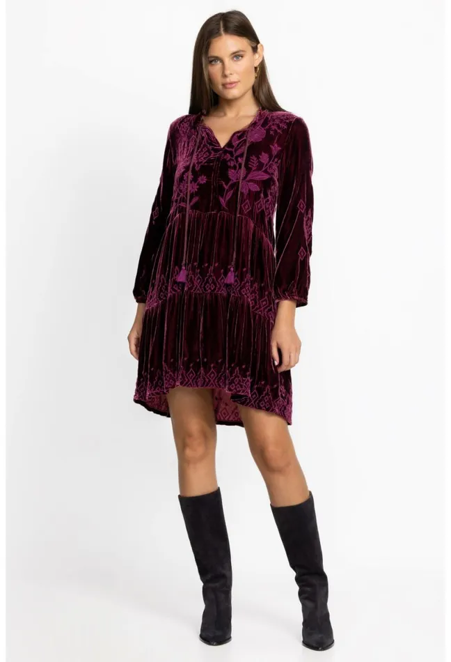 Women Johnny Was Dresses Ivey Velvet Field Tiered Dress Eggplant