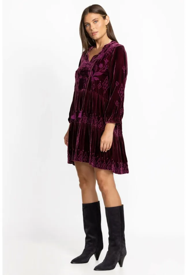 Women Johnny Was Dresses Ivey Velvet Field Tiered Dress Eggplant