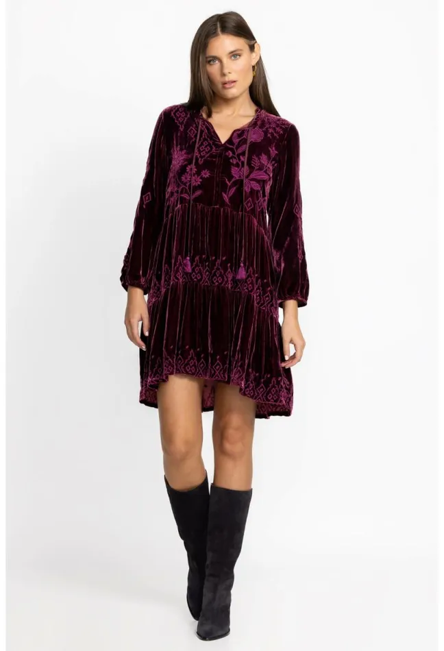 Women Johnny Was Dresses Ivey Velvet Field Tiered Dress Eggplant