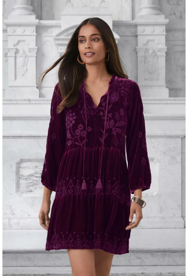 Women Johnny Was Dresses Ivey Velvet Field Tiered Dress Eggplant