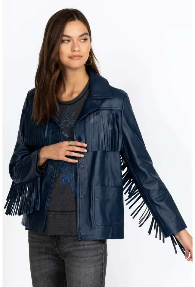 Women Johnny Was Outerwear Frangia Leather Jacket Navy