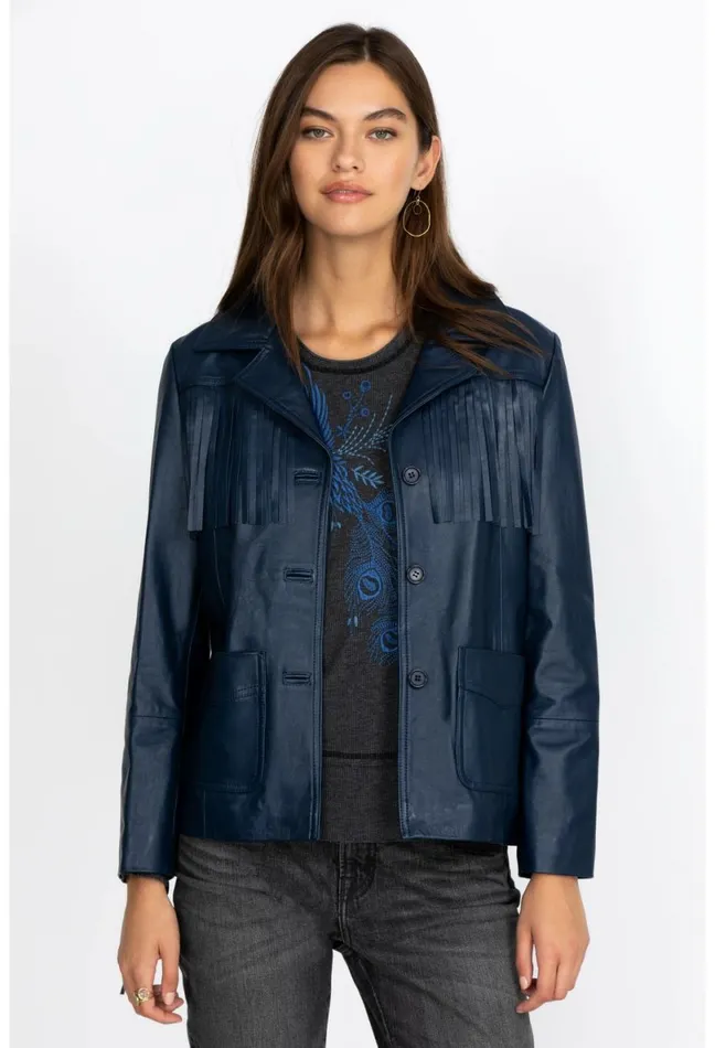 Women Johnny Was Outerwear Frangia Leather Jacket Navy