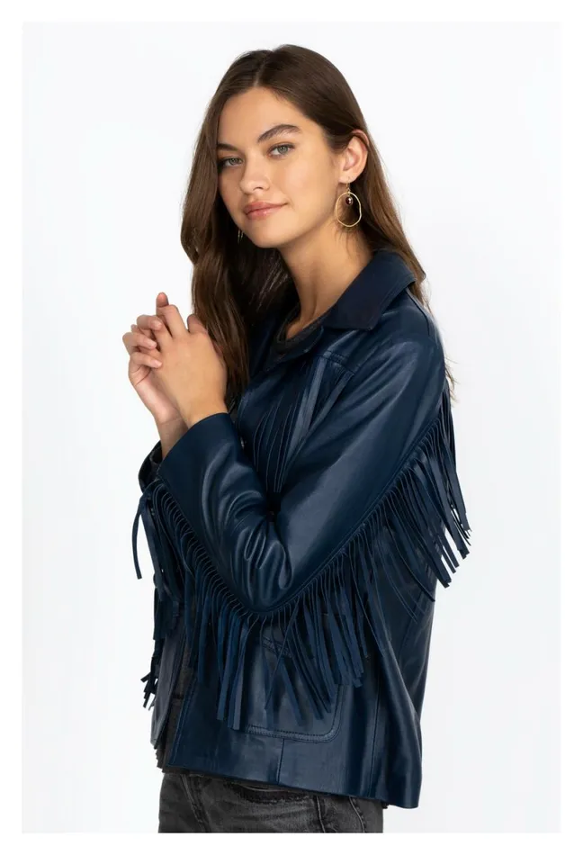 Women Johnny Was Outerwear Frangia Leather Jacket Navy