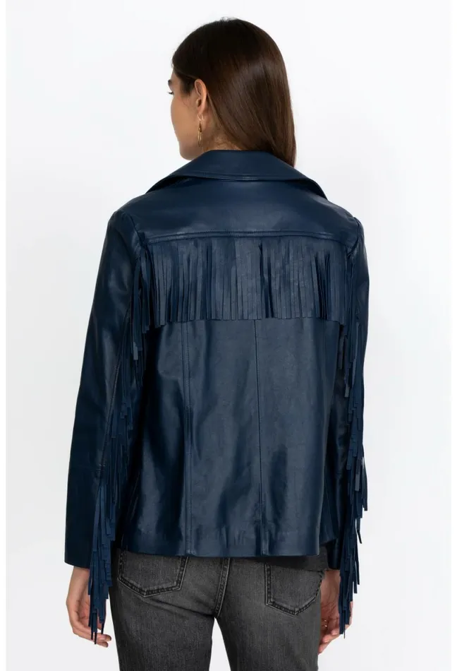 Women Johnny Was Outerwear Frangia Leather Jacket Navy