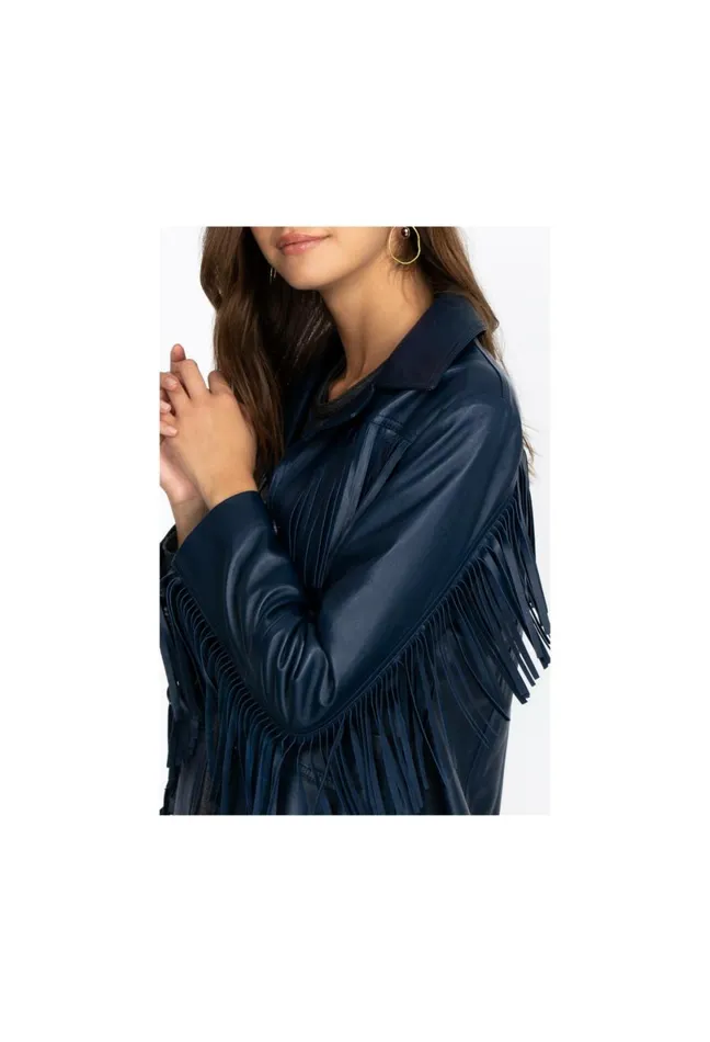 Women Johnny Was Outerwear Frangia Leather Jacket Navy