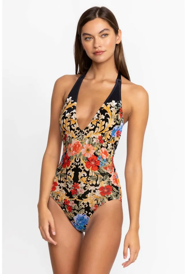 Women Johnny Was Swim and Resort Black Royal Halter One Piece Multi