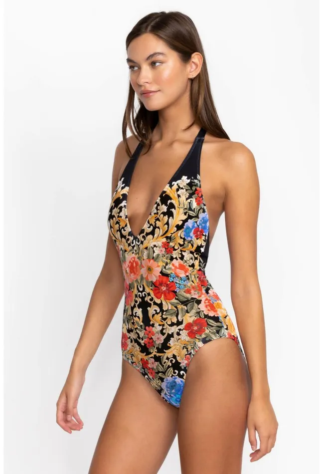 Women Johnny Was Swim and Resort Black Royal Halter One Piece Multi