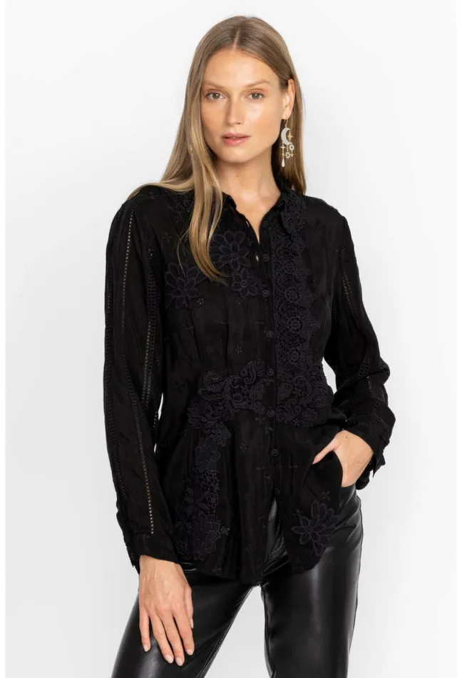 Women Johnny Was Tops Celia Applique Shirt Black