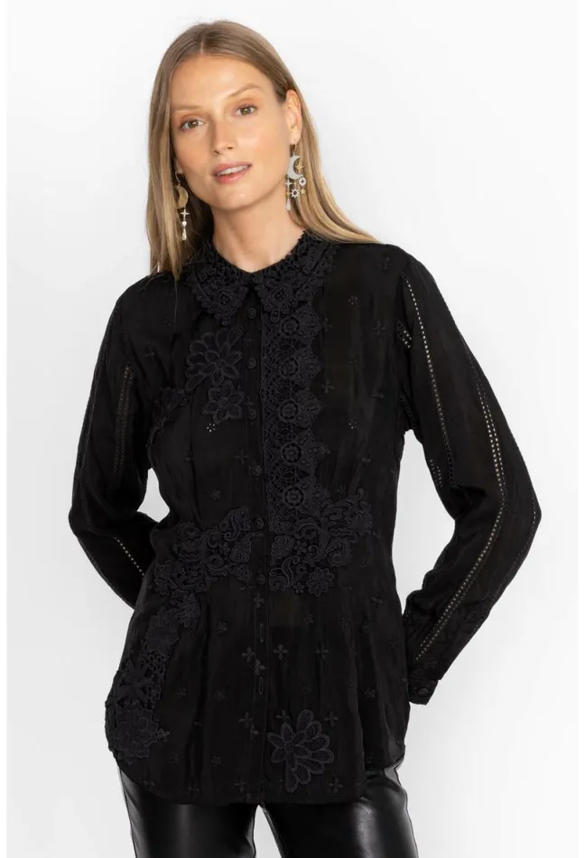Women Johnny Was Tops Celia Applique Shirt Black