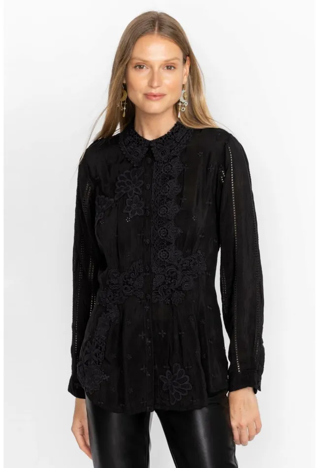 Women Johnny Was Tops Celia Applique Shirt Black