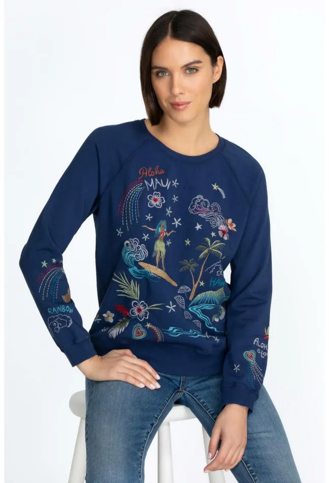 Women Johnny Was Tops Hawaii Raglan Sweatshirt Navy