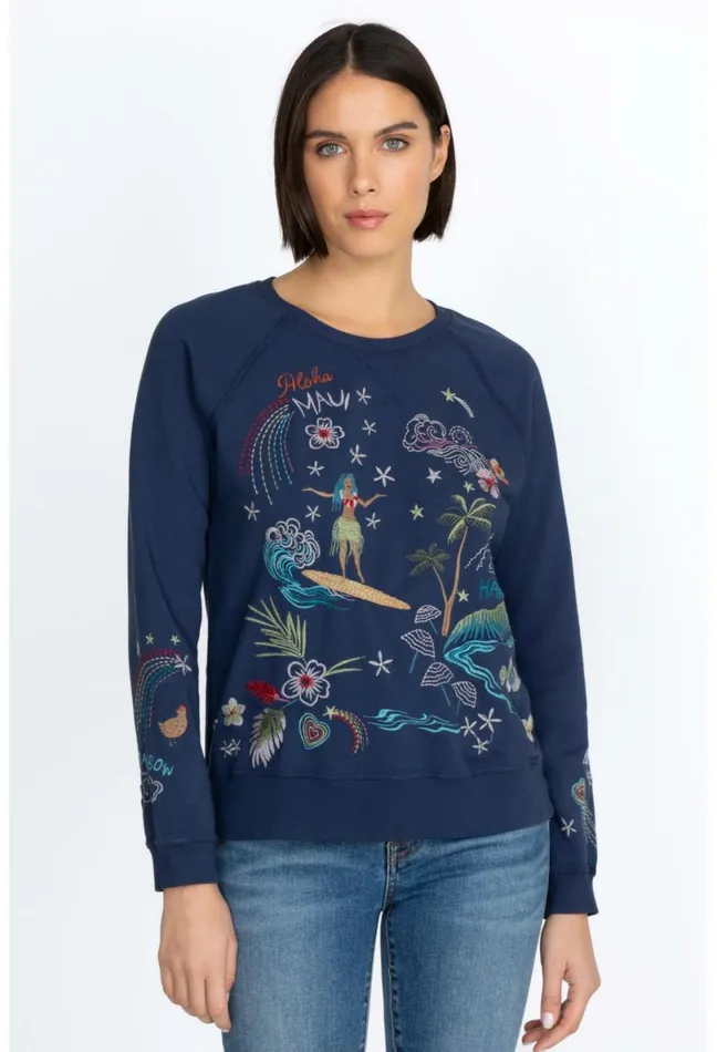 Women Johnny Was Tops Hawaii Raglan Sweatshirt Navy