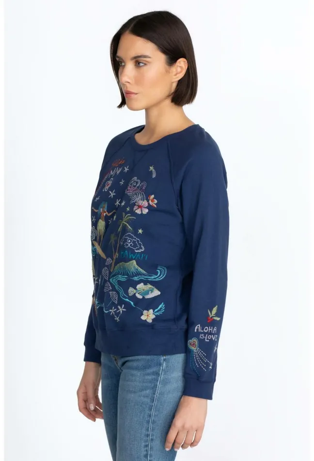Women Johnny Was Tops Hawaii Raglan Sweatshirt Navy
