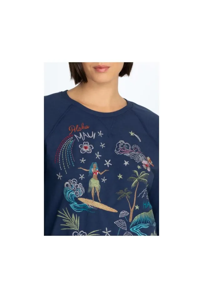 Women Johnny Was Tops Hawaii Raglan Sweatshirt Navy