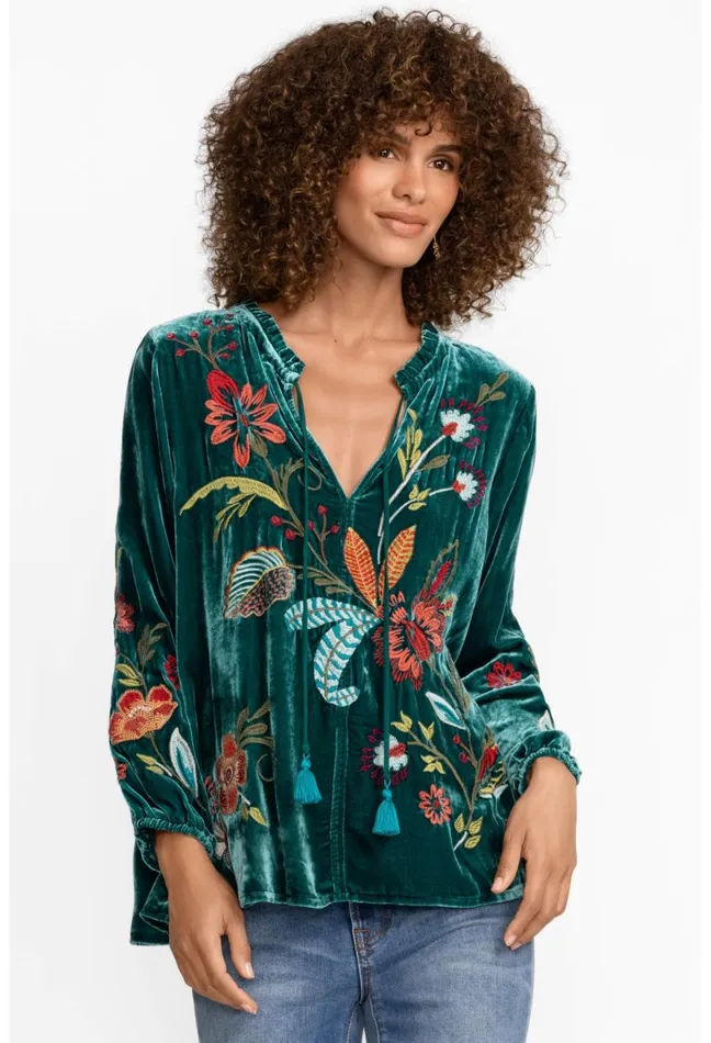 Women Johnny Was Tops Isabella Velvet Field Blouse Deep Teal