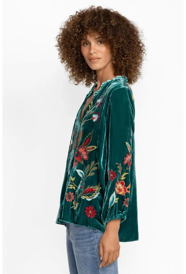 Women Johnny Was Tops Isabella Velvet Field Blouse Deep Teal