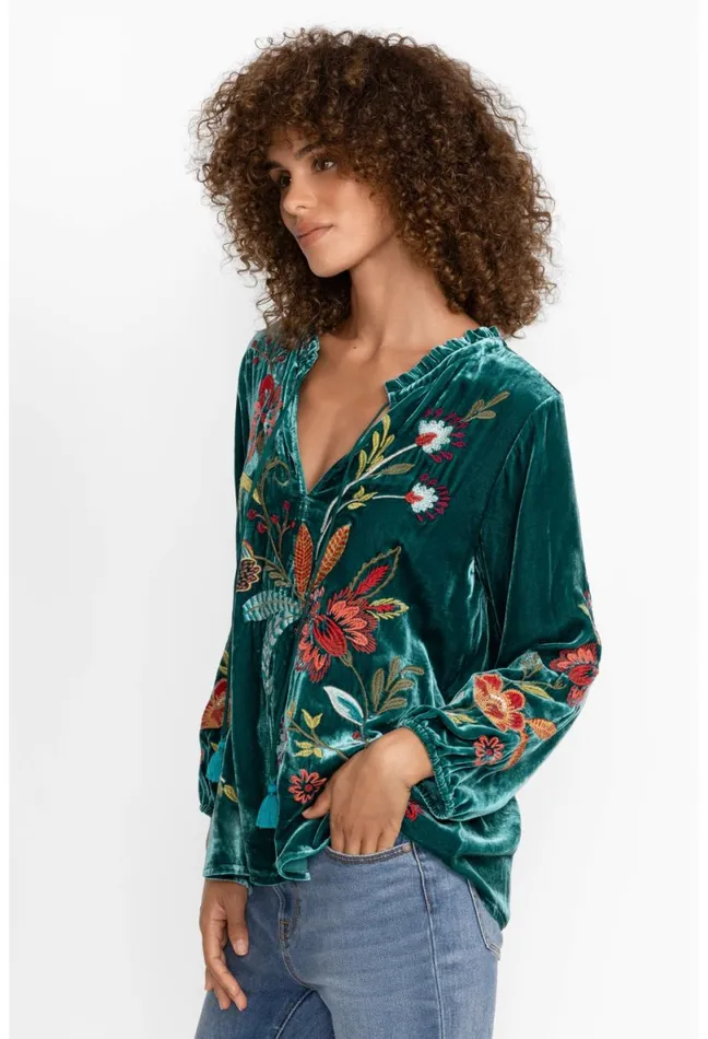 Women Johnny Was Tops Isabella Velvet Field Blouse Deep Teal
