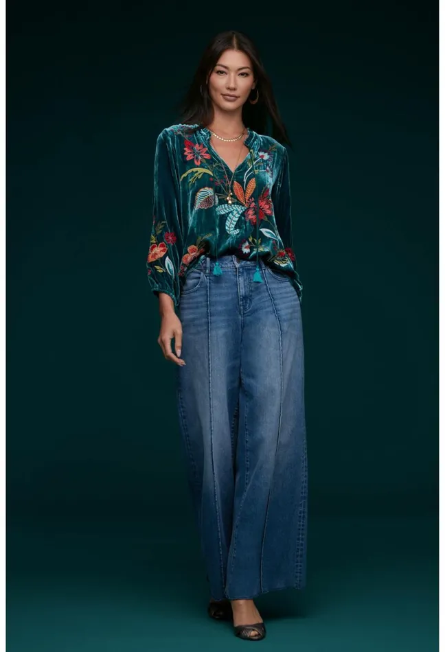 Women Johnny Was Tops Isabella Velvet Field Blouse Deep Teal
