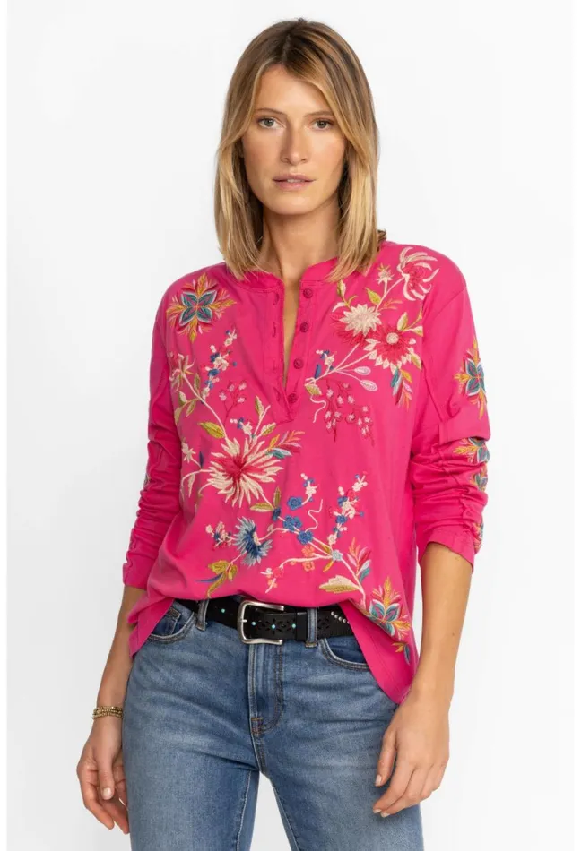 Women Johnny Was Tops Julie Raw Seam Henley Fuchsia