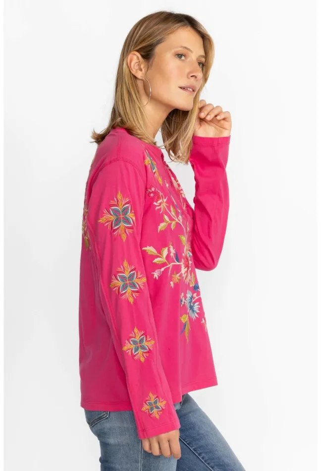 Women Johnny Was Tops Julie Raw Seam Henley Fuchsia