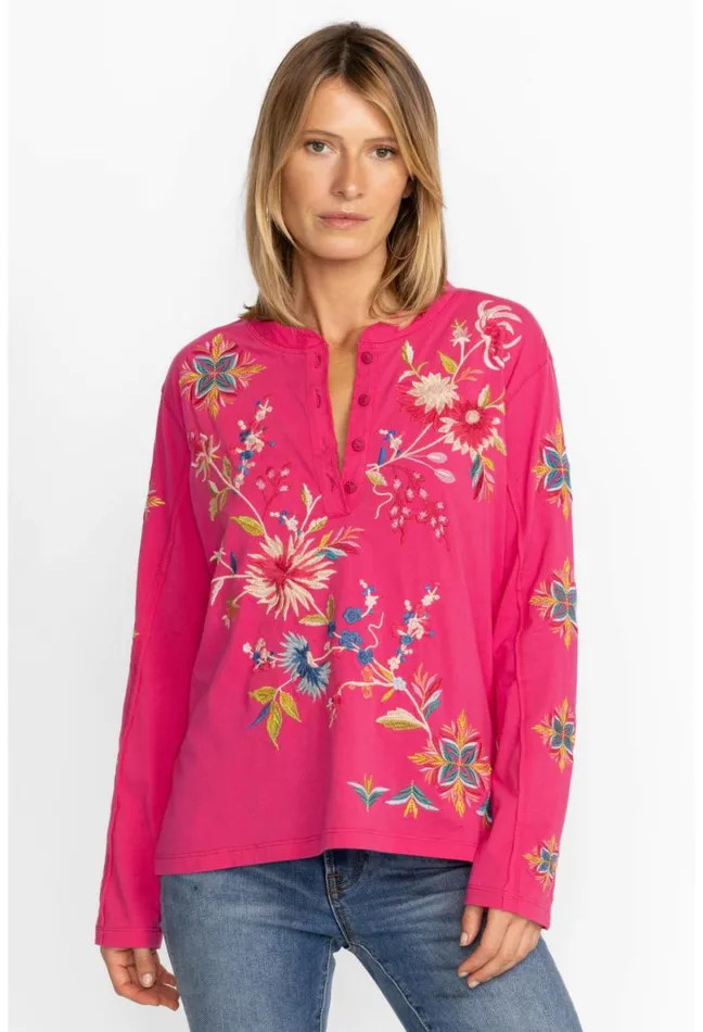Women Johnny Was Tops Julie Raw Seam Henley Fuchsia