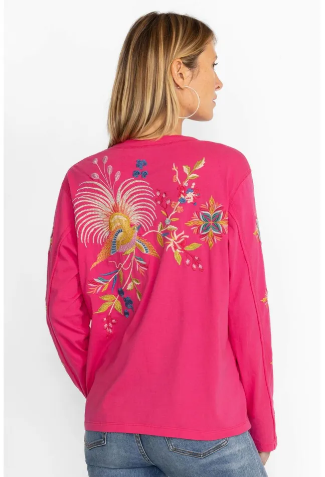 Women Johnny Was Tops Julie Raw Seam Henley Fuchsia