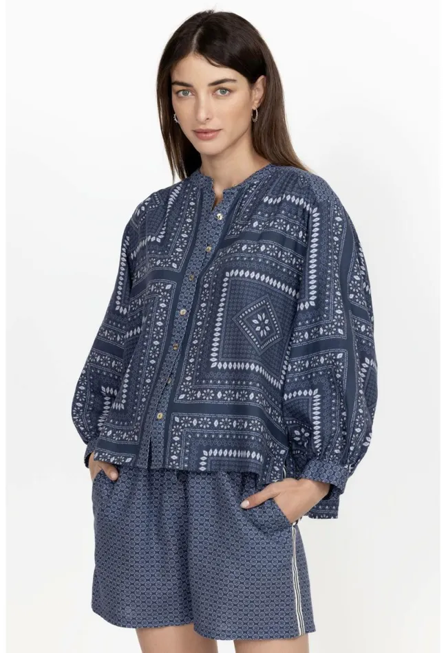 Women Johnny Was Tops Patched Ikat Shirred Yoke Blouse Patched Ikat
