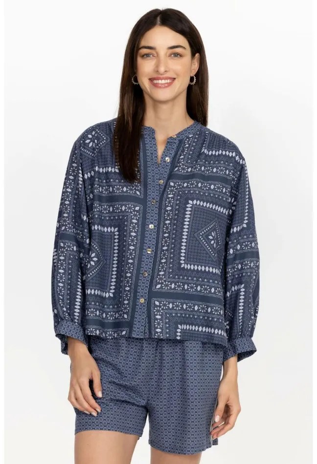 Women Johnny Was Tops Patched Ikat Shirred Yoke Blouse Patched Ikat