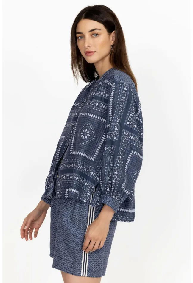 Women Johnny Was Tops Patched Ikat Shirred Yoke Blouse Patched Ikat