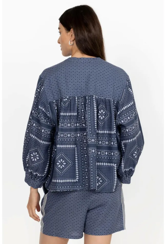 Women Johnny Was Tops Patched Ikat Shirred Yoke Blouse Patched Ikat