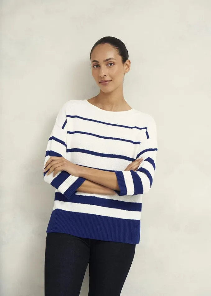 Women Jumpers and Cardigans Hobbs Elaine Stripe Cotton Blend Jumper Ivory Blue