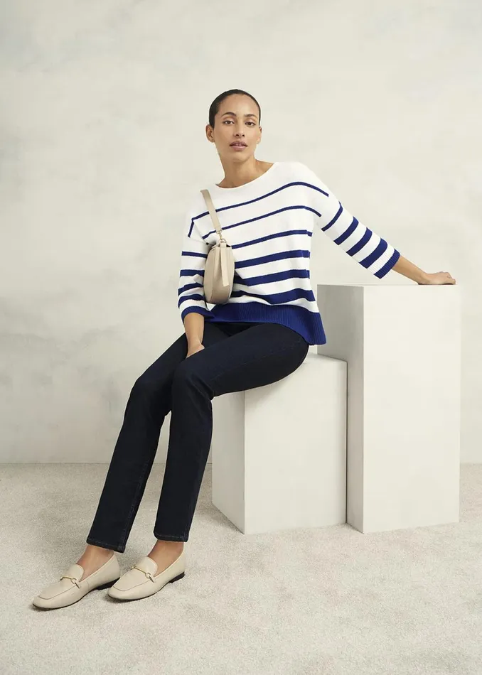 Women Jumpers and Cardigans Hobbs Elaine Stripe Cotton Blend Jumper Ivory Blue