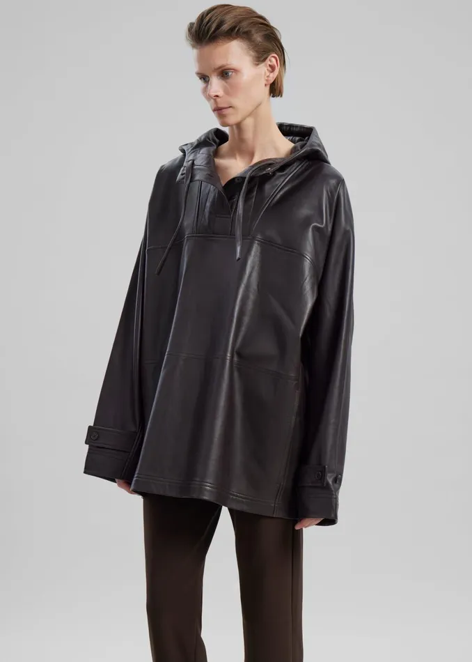 Women Kevin Leather Hooded Overshirt 8211 Brown The Frankie Shop Tops