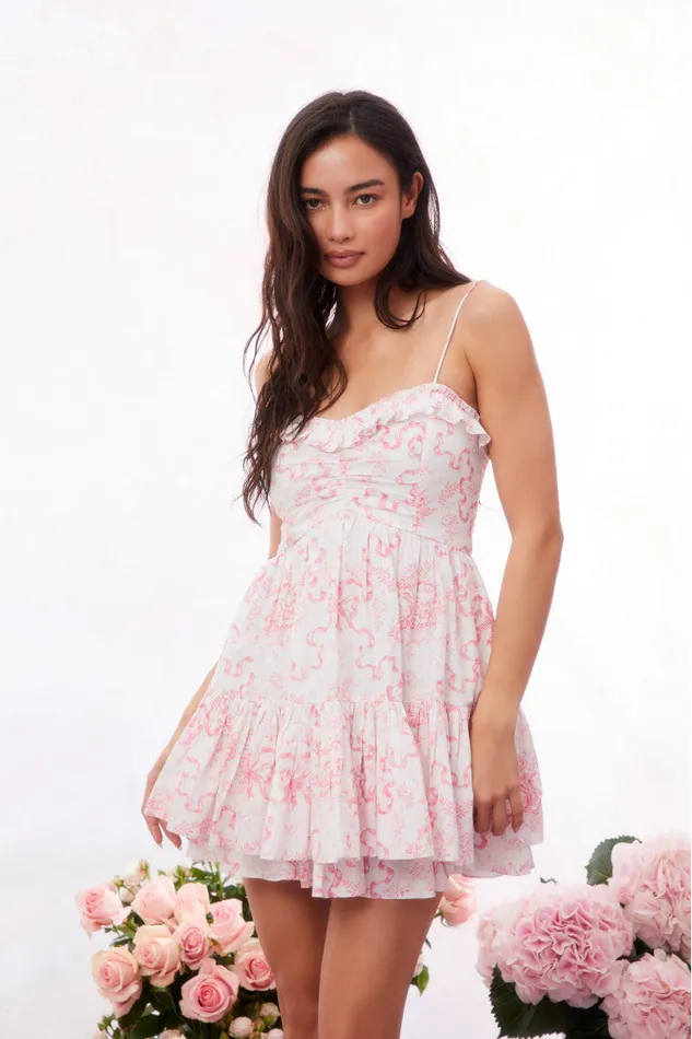 WomenKids Dresses LoveShackFancy Linny Bow Print Mini Dress Bubblegum Blast