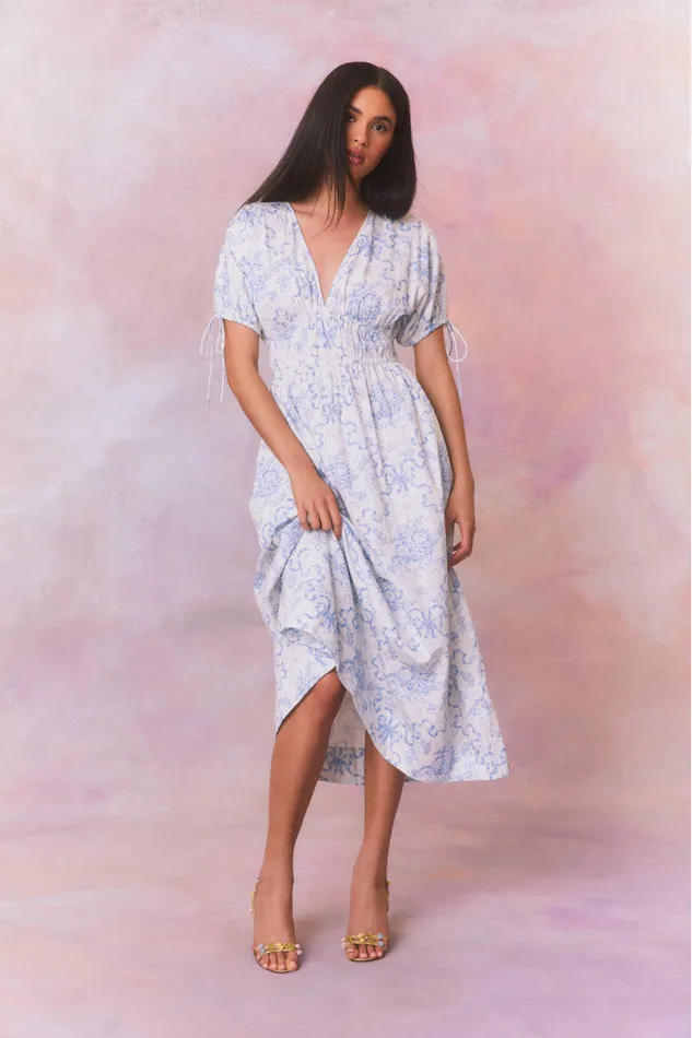 WomenKids Dresses LoveShackFancy Mastey Bow Print Midi Dress Blissful Blue