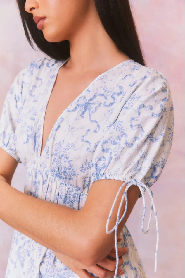WomenKids Dresses LoveShackFancy Mastey Bow Print Midi Dress Blissful Blue
