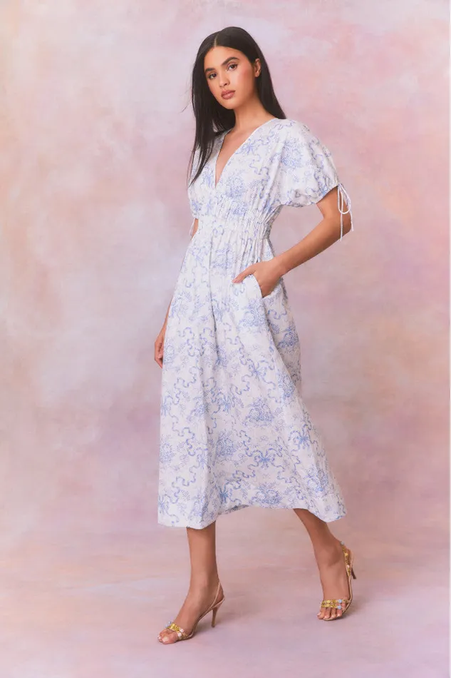 WomenKids Dresses LoveShackFancy Mastey Bow Print Midi Dress Blissful Blue