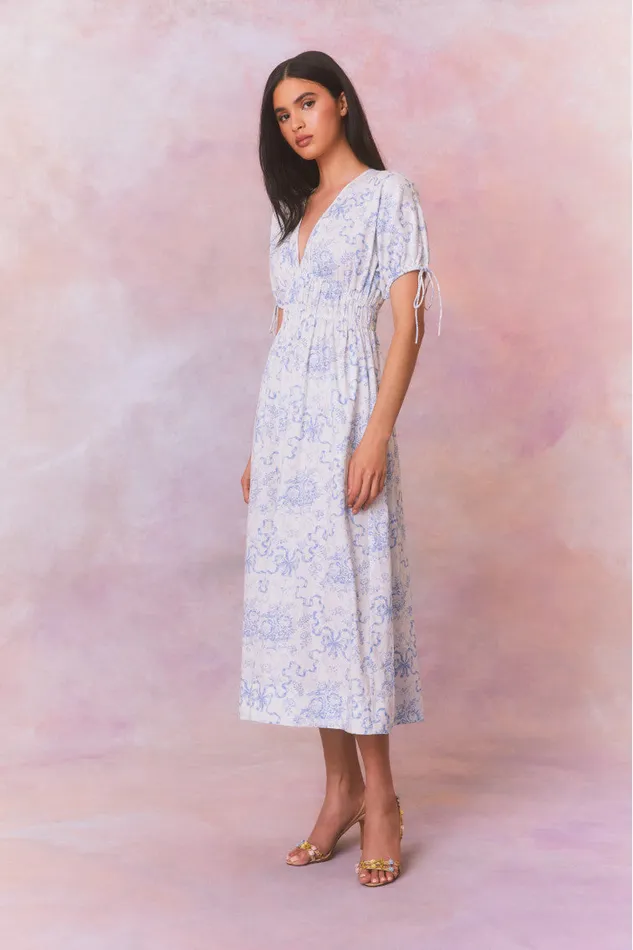 WomenKids Dresses LoveShackFancy Mastey Bow Print Midi Dress Blissful Blue