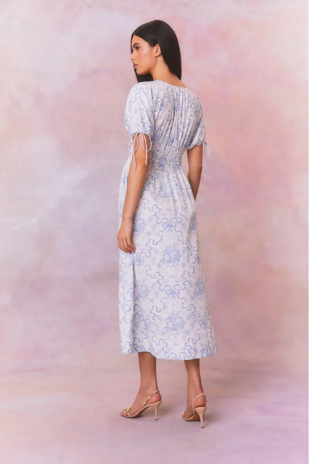 WomenKids Dresses LoveShackFancy Mastey Bow Print Midi Dress Blissful Blue