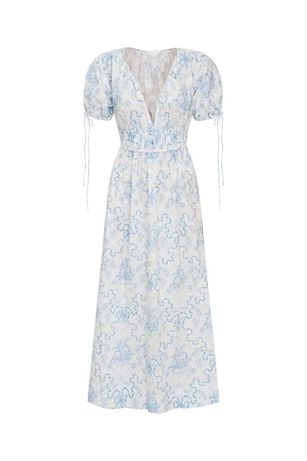 WomenKids Dresses LoveShackFancy Mastey Bow Print Midi Dress Blissful Blue